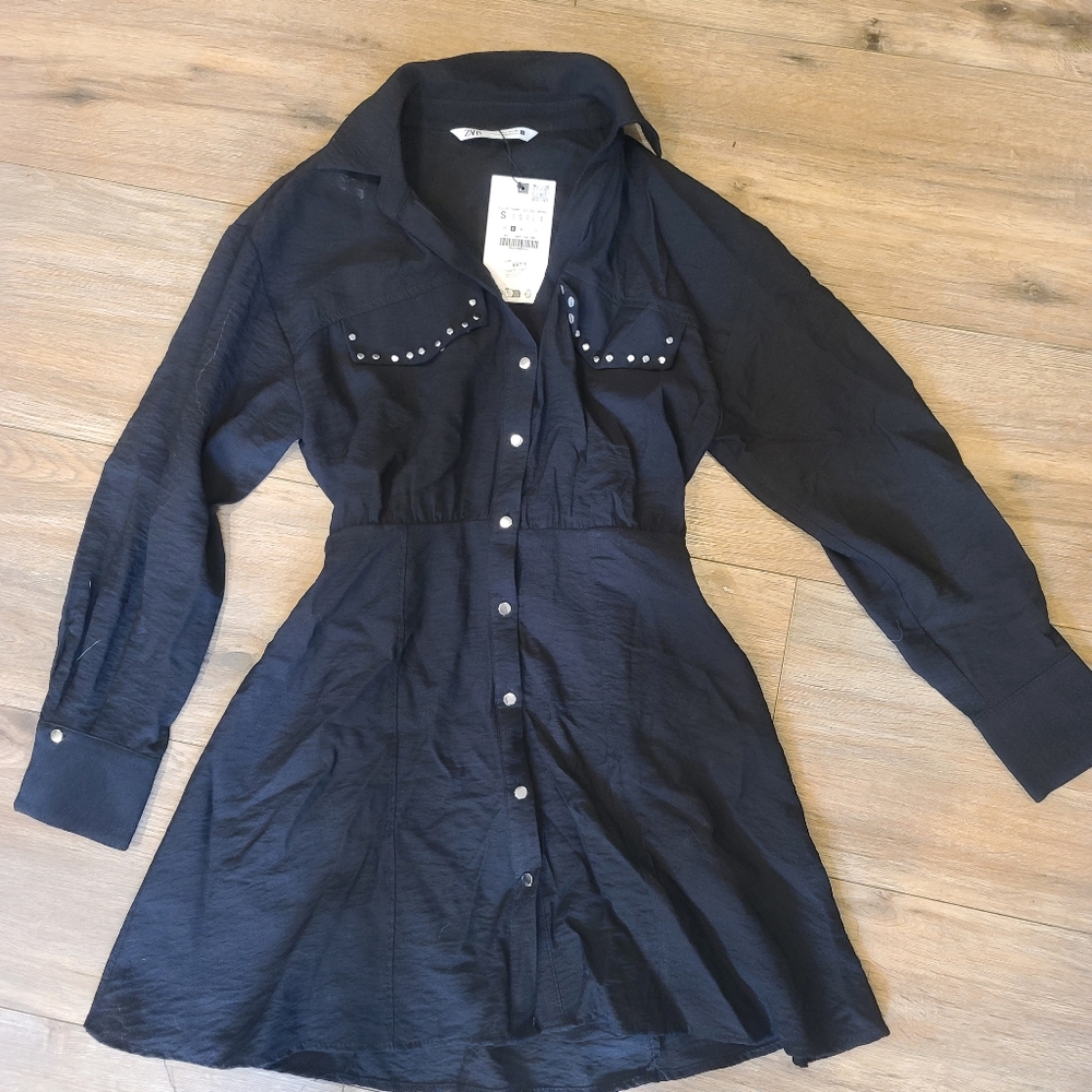Zara Black Long Sleeve Shirt Dress with Studded Pockets